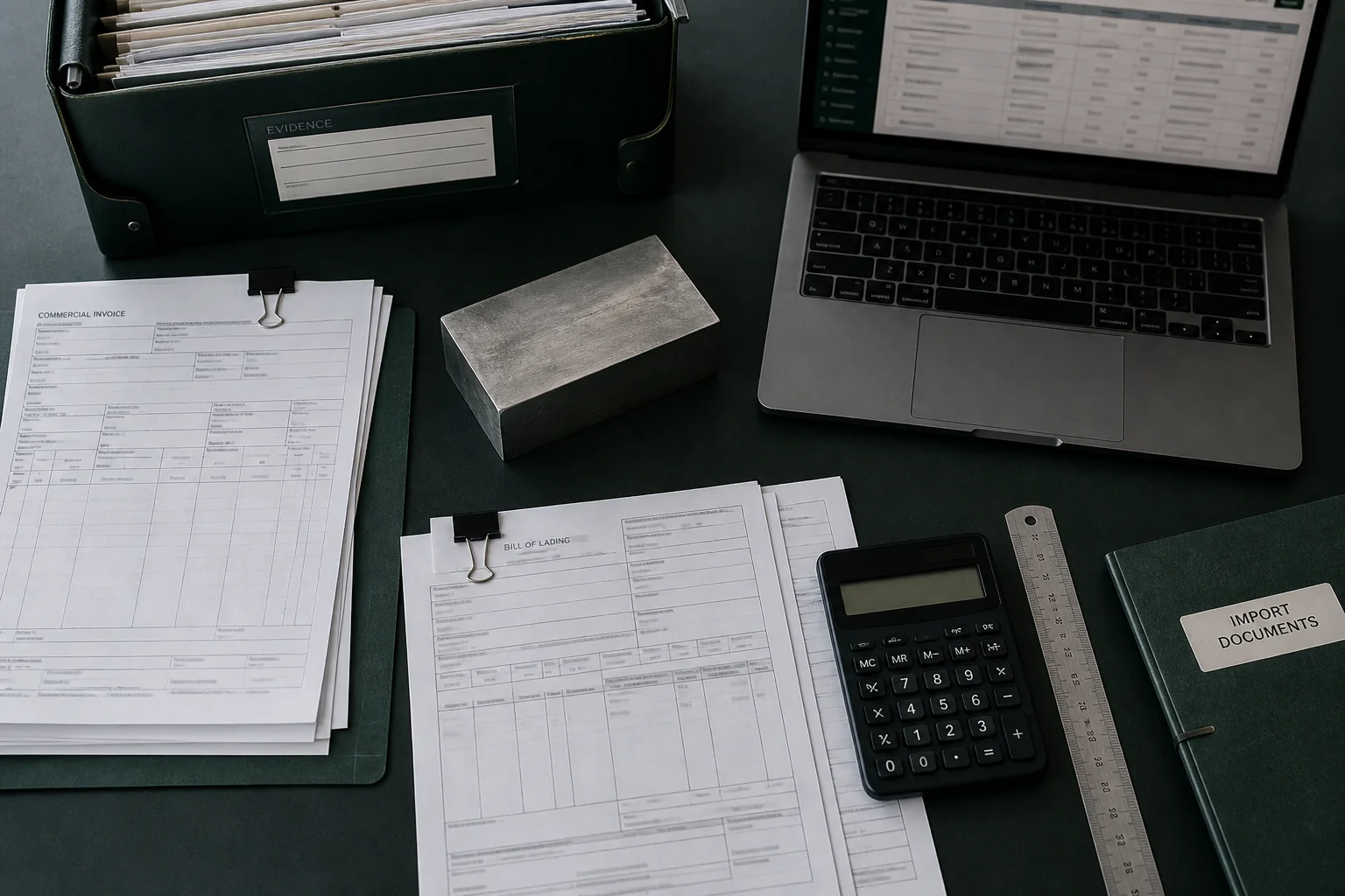 Customs evidence, import documents and transaction records arranged for reconciliation