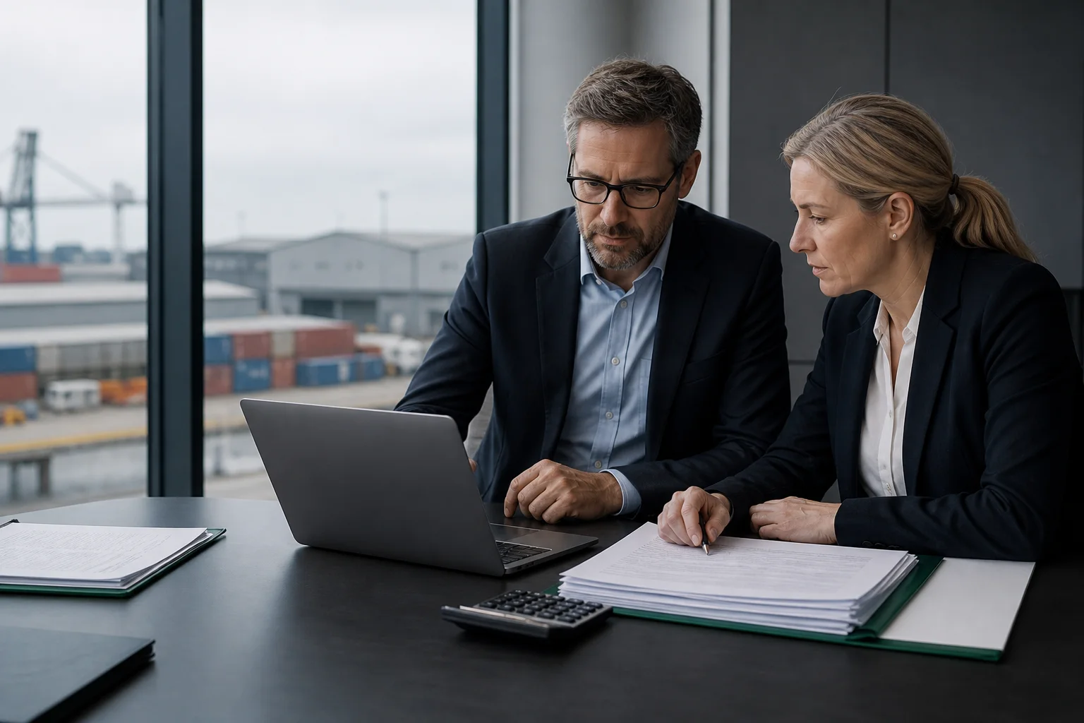 Importer finance and trade leaders reviewing customs records together
